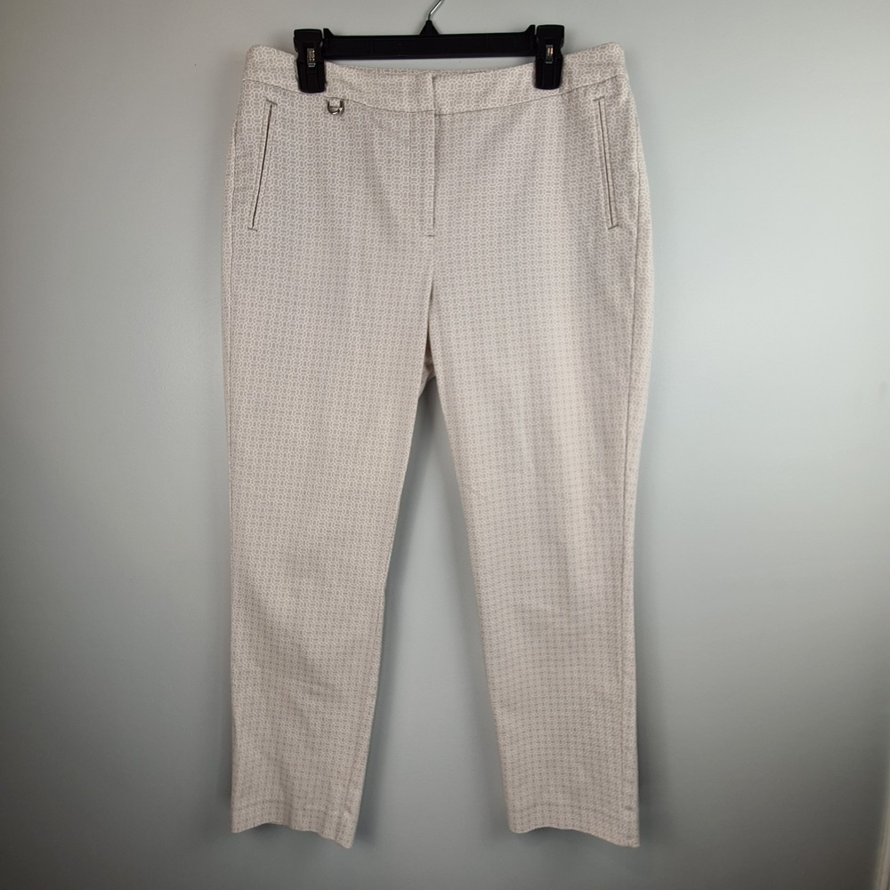 ADRIANNA PAPELL Women's Size 12 Beige White Geometric Print Kate Fit Dress Pants